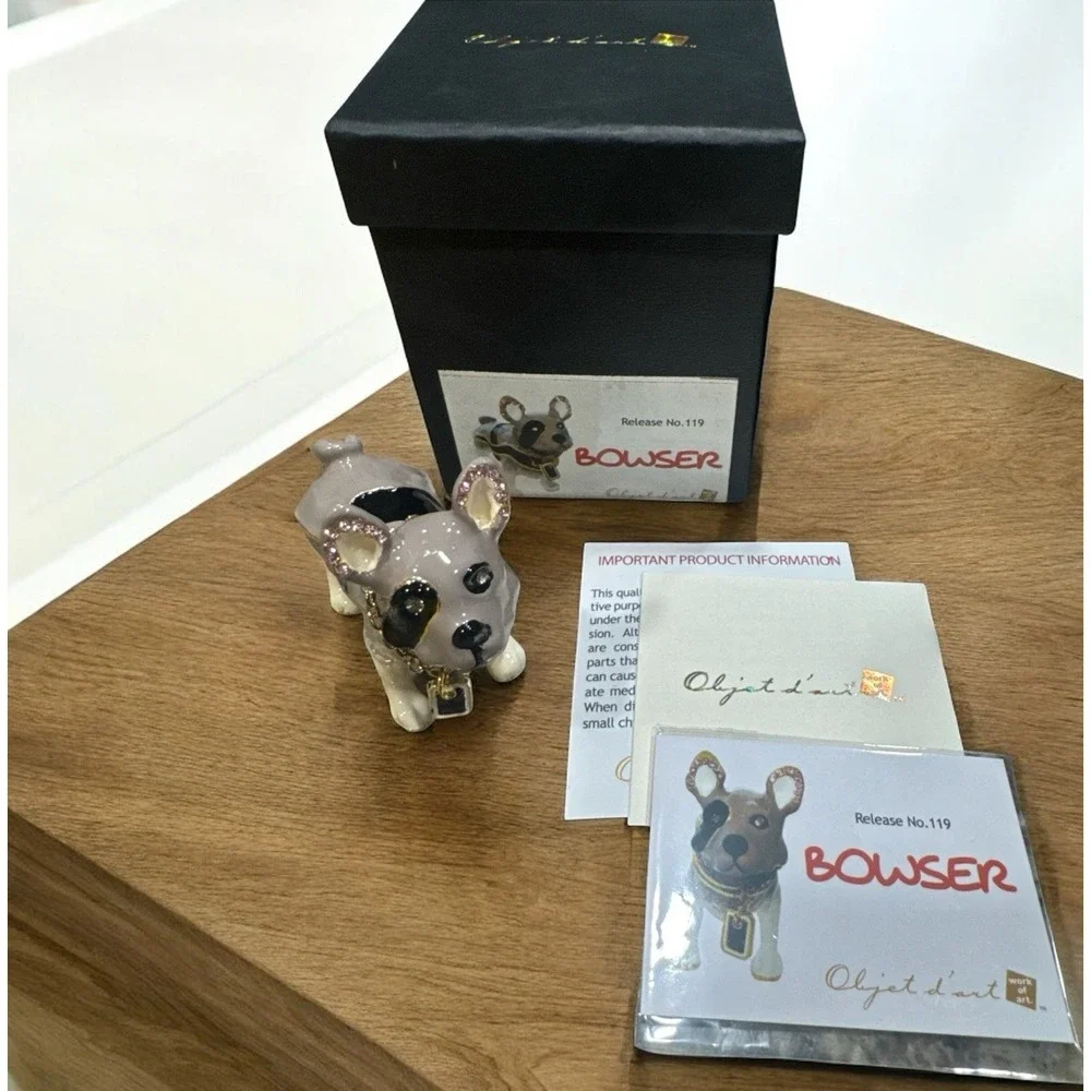 Objet D'Art #119 BOWSER Dog With Gold Chain Blinged Hinged Trinket‎ Box